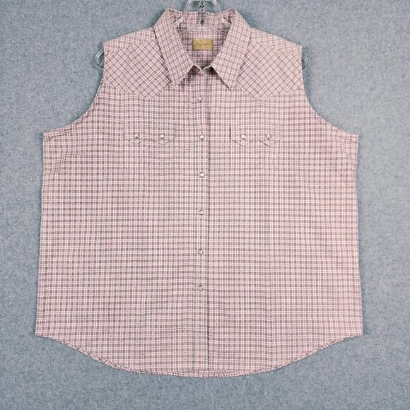 Wrangler Women's Sleeveless Shirt Pearl Snap Pink Plaid Button Up 2 Pockets XL - Picture 1 of 8
